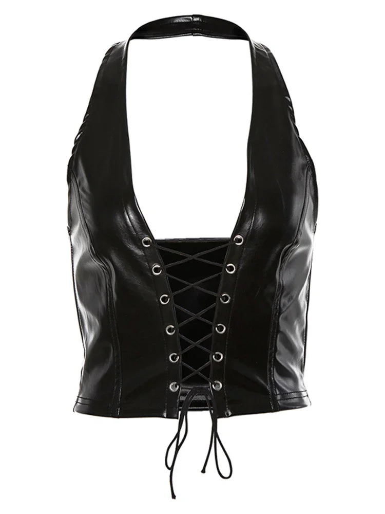 Black leather outfit with lace-up design on a white background, product only, front view