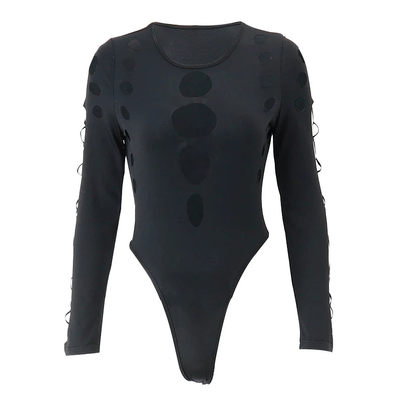 Black bodysuit with cut-out design worn by a model against a neutral background, product only