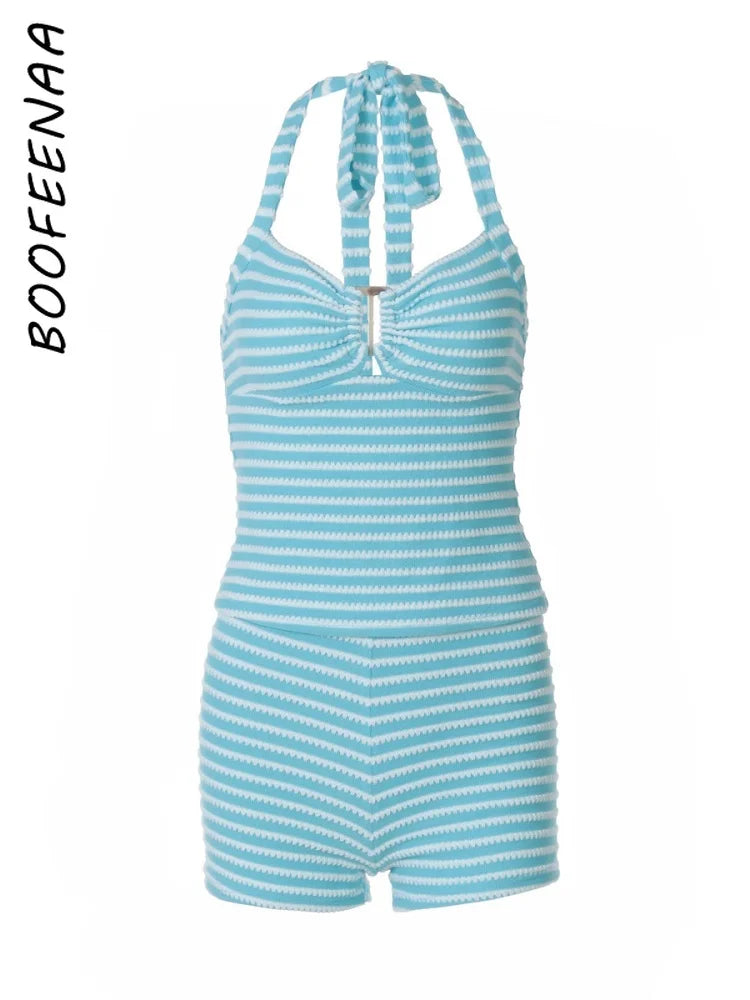 Two-Piece Striped Halter Top + Shorts